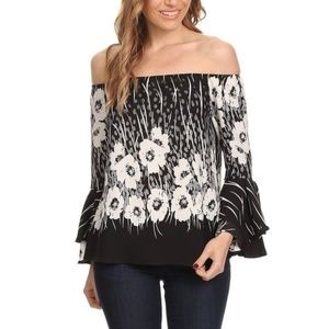 Woven Floral Print Off Shoulder Ruffle Blouse Top